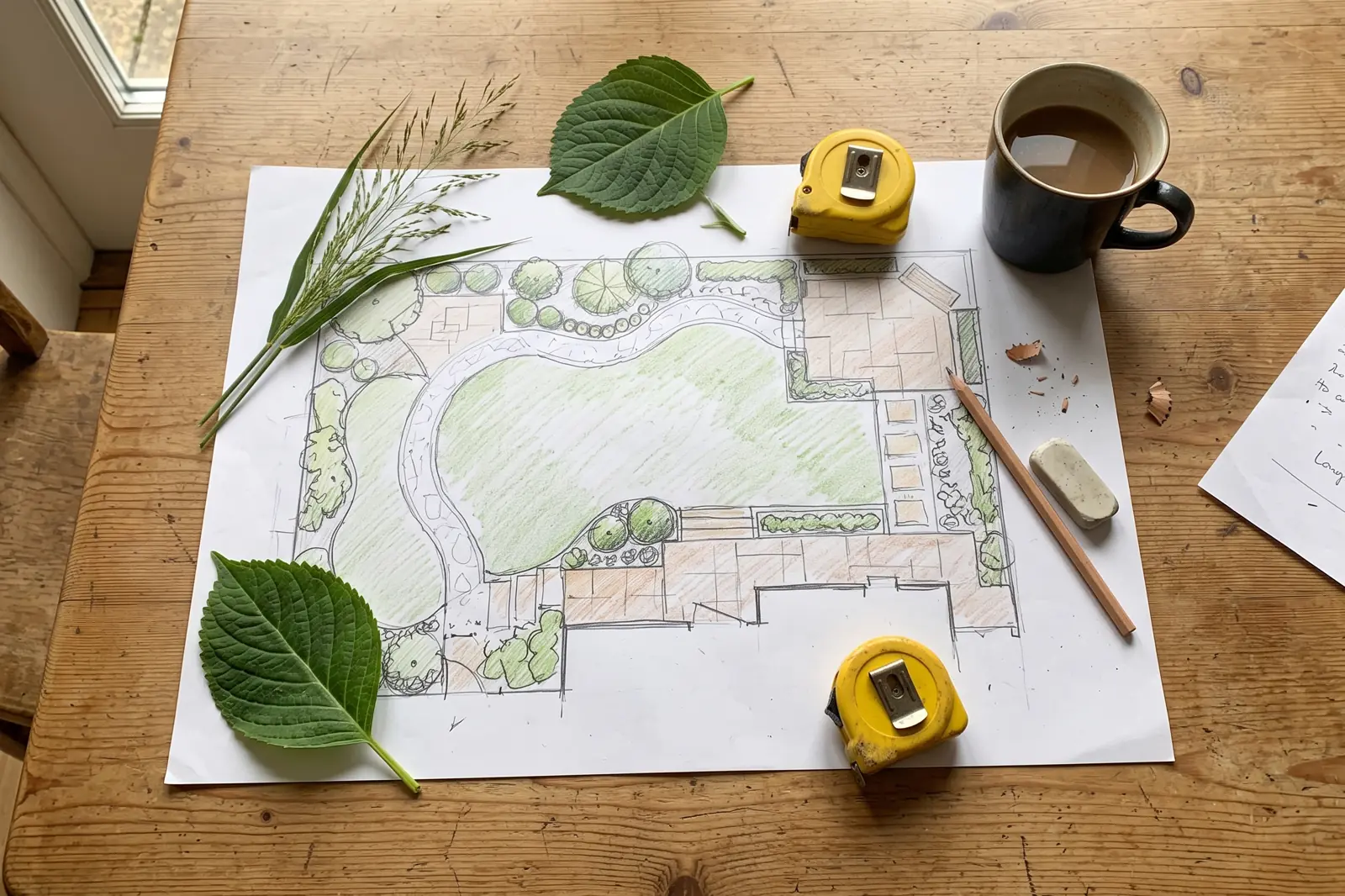 Handgetekend tuinontwerp op tafel met potloden, plantstalen en een rolmaat