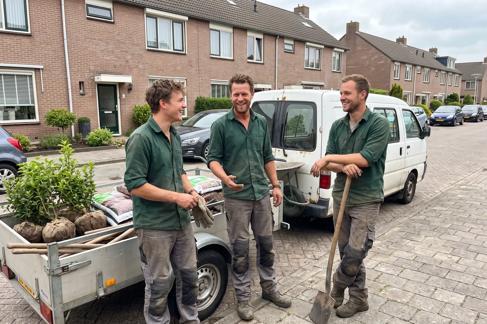 Bram, Daan en Sven bij de bus en een aanhanger vol planten